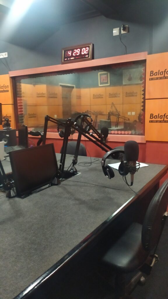 Microphones, headphones and recording equipment inside Radio Balafon’s studio in Douala.